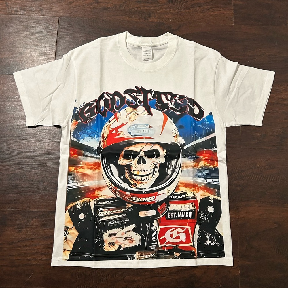 White Graphic T-Shirt with Skull and Racing Design